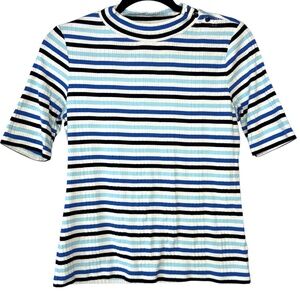 Talbots White & ombre blue stripes ribbed short sleeve high neck top size MP